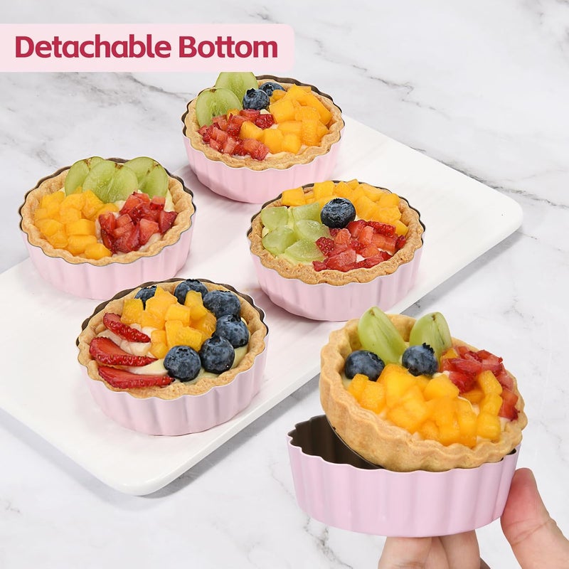 LIFVCNT 4 Pcs 3.6 Inch Mini Tart Pan Depth 1 Inch with Removable Bottom NonStick Tin - Pink - Image 3
