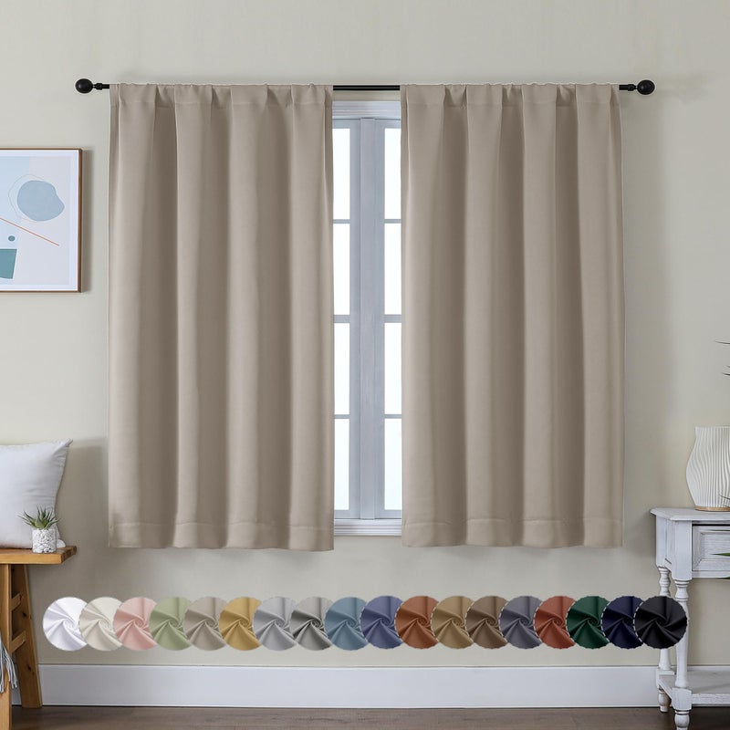 Simplebrand Ava Stone Short Blackout Curtains for Bedroom 45 Inches Long 2 Panels Set, Solid Thermal Insulated, Energy Saving Window Treatment Curtains Blackout Drapes, W40 x L45 Inch, Stone - Image 1