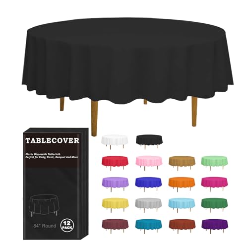 DZ Plastic Table Cloth Disposable 12 Pack Black Round Tablecloth Individually Wrapped for IndoorOutdoor 84 Inch Table Cover for Party Picnic Birthday Wedding  Dinner