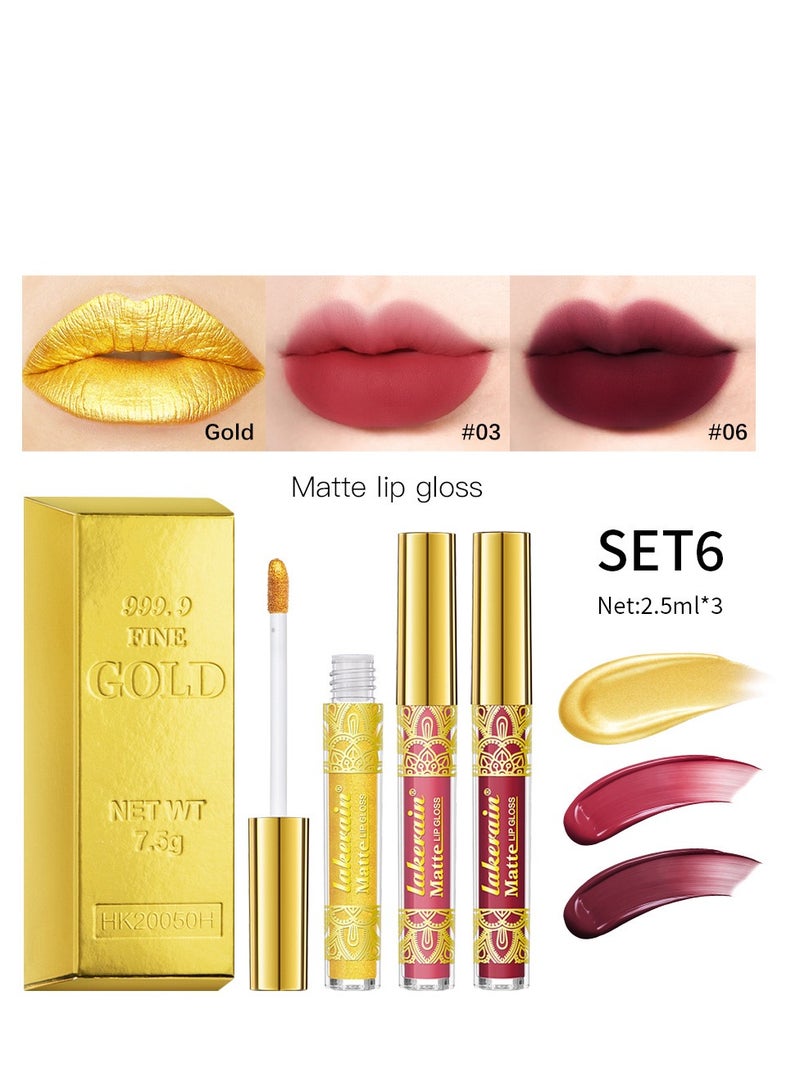 lakerain 3 PCS Gold Lipstick Velvet Nude Long-Lasting Wear Non-Stick Cup Waterproof Lip Makeup SET6  - Image 1