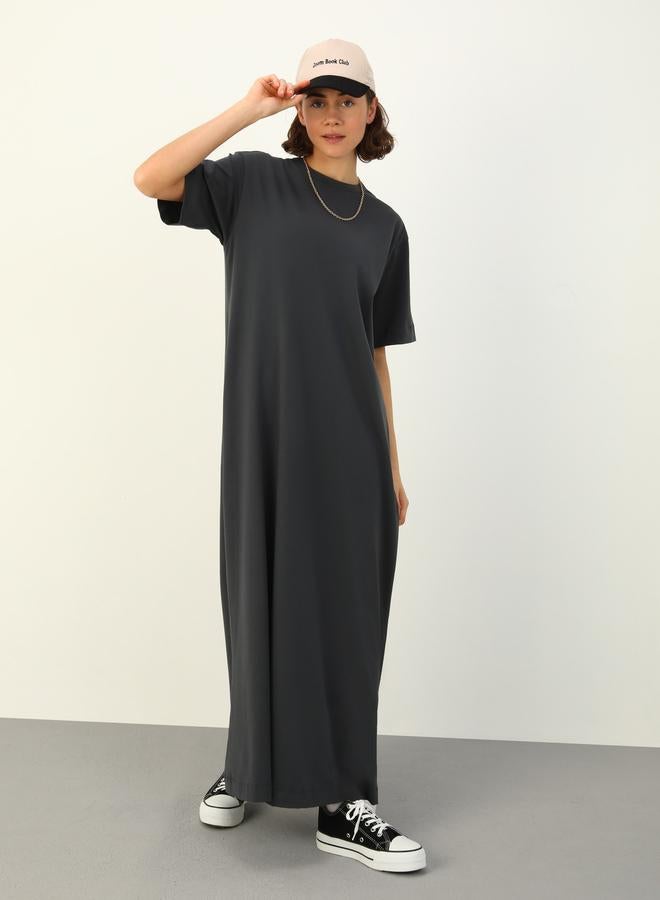 Benin by modanisa Gray Solid T-Shirt Maxi Dress - Image 4