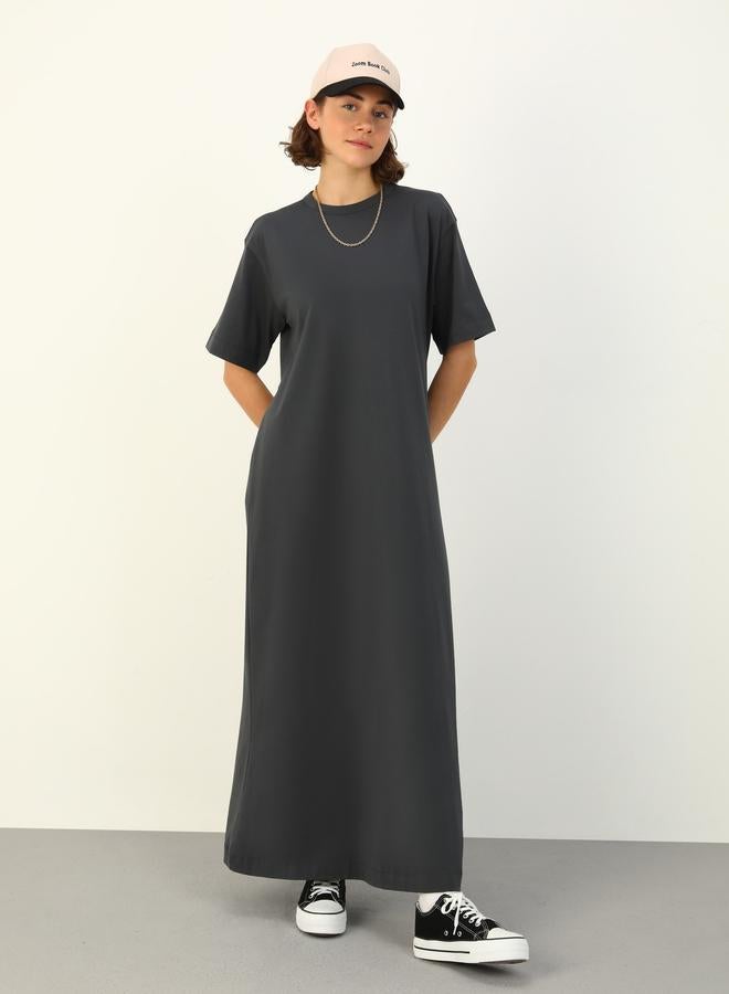 Benin by modanisa Gray Solid T-Shirt Maxi Dress - Image 3