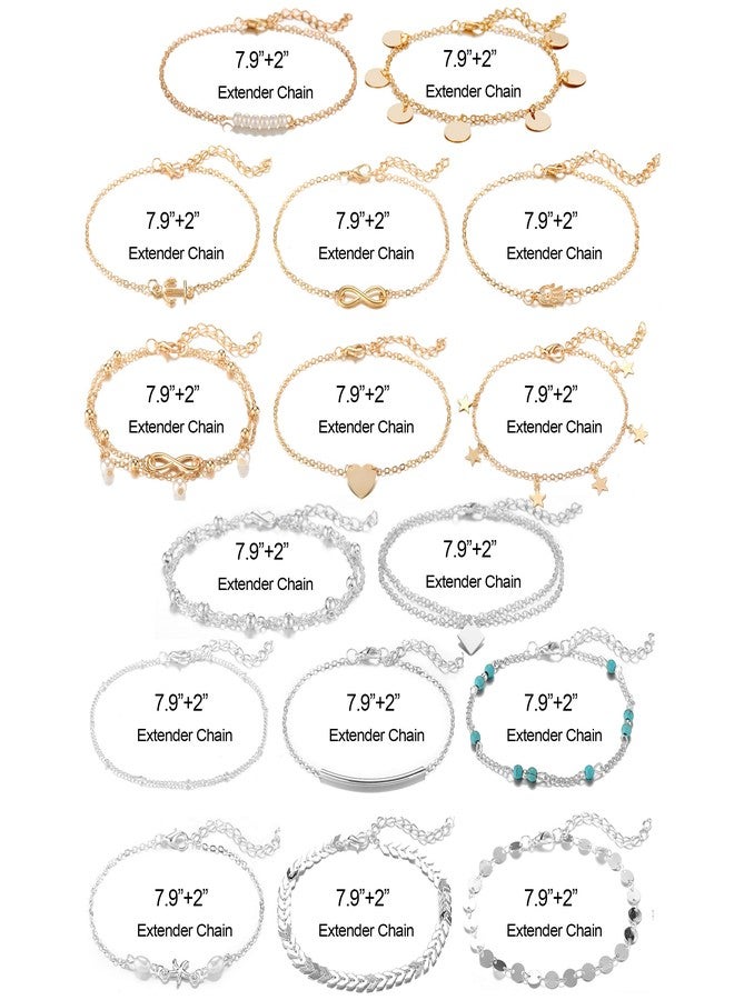 Softones 16Pcs Ankle Bracelets for Women Gold Silver Two Style Chain Beach Anklet Bracelet Jewelry Anklet Set,Adjustable Size - Image 5
