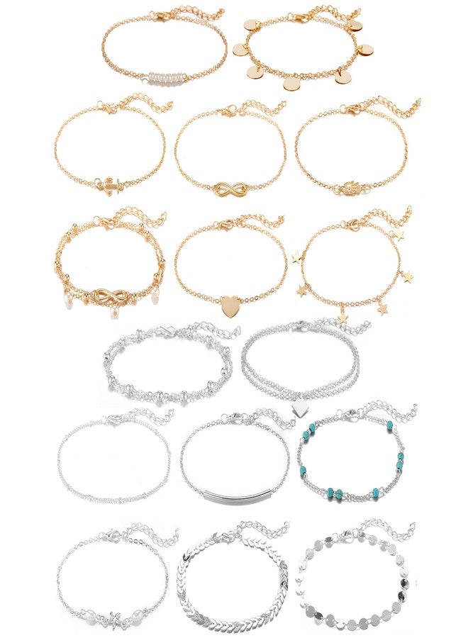 Softones 16Pcs Ankle Bracelets for Women Gold Silver Two Style Chain Beach Anklet Bracelet Jewelry Anklet Set,Adjustable Size - Image 1