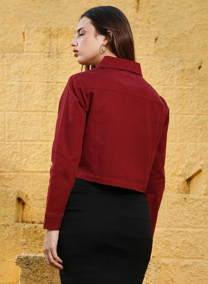 Pinacolada  Women's Burgundy Red Button-Front Crop Jacket for Women | Best Price UAE