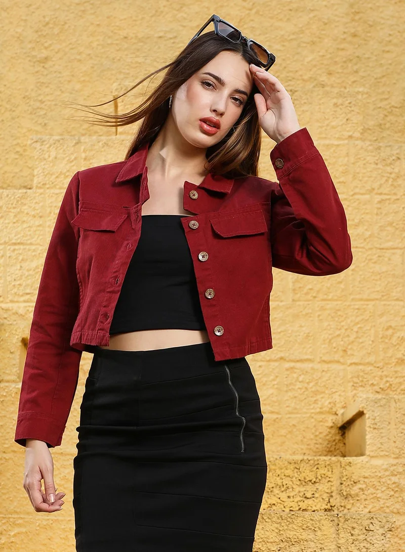 Pinacolada  Women's Burgundy Red Button-Front Crop Jacket for Women | Best Price UAE