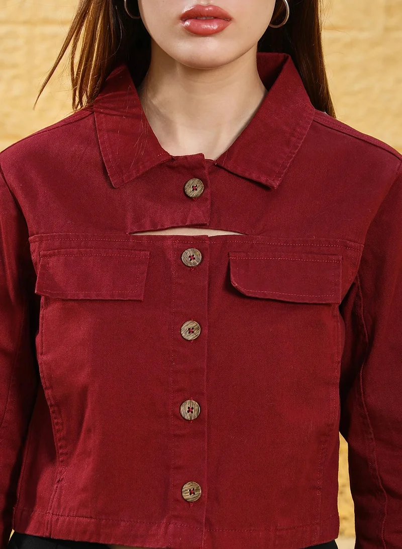 Pinacolada  Women's Burgundy Red Button-Front Crop Jacket for Women | Best Price UAE