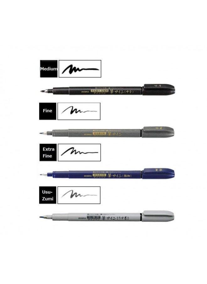 ZEBRA - Zebra Fude Sign Brush Pen Regular Extra Fine Medium Usu-Zumi Gray Ink Value Set of 4 (Limited Edition) - Image 1
