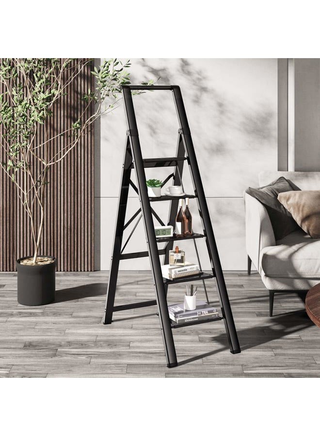 GameGem 5 Step Ladder Folding Step Stool Stepladders with Anti-Slip and Wide Pedal for Home and Kitchen Use Space Saving (Black) - Image 5