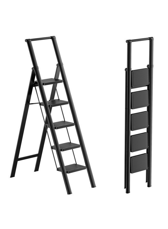 GameGem 5 Step Ladder Folding Step Stool Stepladders with Anti-Slip and Wide Pedal for Home and Kitchen Use Space Saving (Black) - Image 1