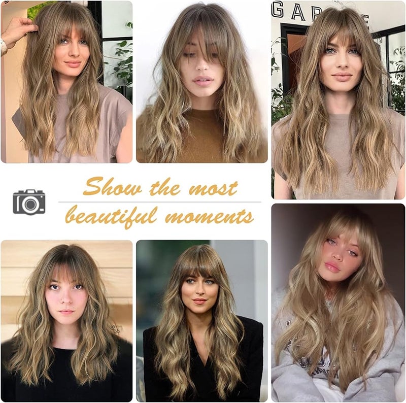 ECIF Brown Wigs With Bangs Synthetic Wigs Curly Hair Long Natural Wave Heat Resistant Hair Wigs For Women For Daily Party (Brown) - Image 2