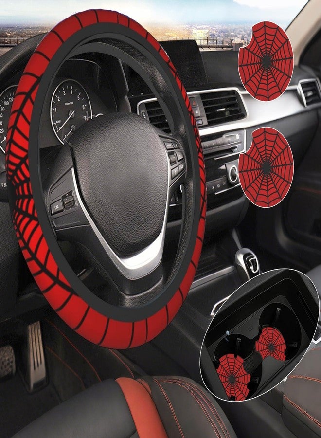 DHUENIOPE Red Spider Web Steering Wheel Cover with 2PCS Car Coasters Auto Steering Wheel Protector Anti-Slip Breathable 15 Inch Car Accessories - Image 1