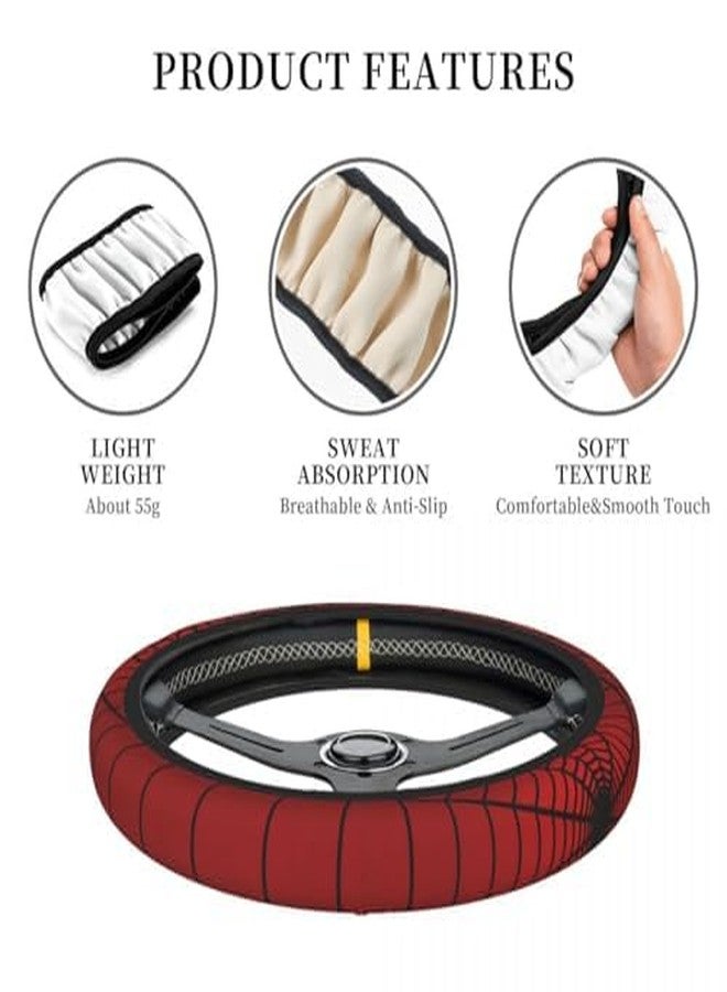 DHUENIOPE Red Spider Web Steering Wheel Cover with 2PCS Car Coasters Auto Steering Wheel Protector Anti-Slip Breathable 15 Inch Car Accessories - Image 3