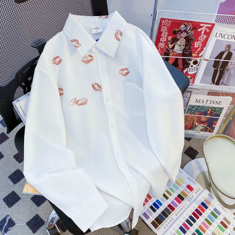 Trade Specializes in Internet Celebritys Same Trendyy Style Lip Print Lipstick Hand-Painted Long-Sleeved Shirts for Men and Women, Preppy Style White Shirts White