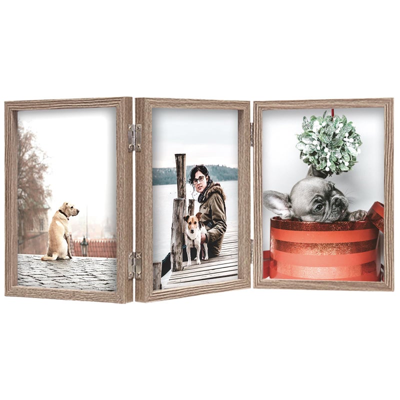 TOFOREVO 5x7 3 Picture Frame Triple Wooden Three Hinged Photo Frame Definition Glass Stand Vertically on Desktop or Tabletop - Image 1