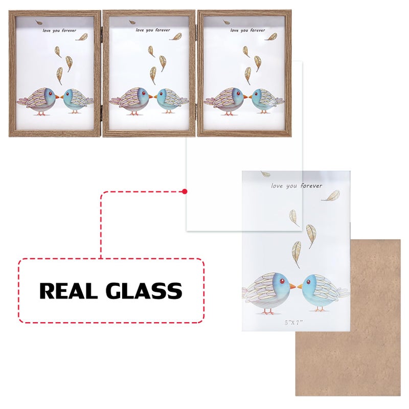 TOFOREVO 5x7 3 Picture Frame Triple Wooden Three Hinged Photo Frame Definition Glass Stand Vertically on Desktop or Tabletop - Image 3