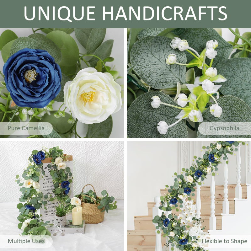 TOCHGREEN 2 Pack 13Ft Artificial Eucalyptus Flower Garland with White and Blue Roses, Fake Rose Flower Greenery Garland Floral Vines for Wedding Home Party Table Runner Decor (Blue White, 2PCS) - Image 4