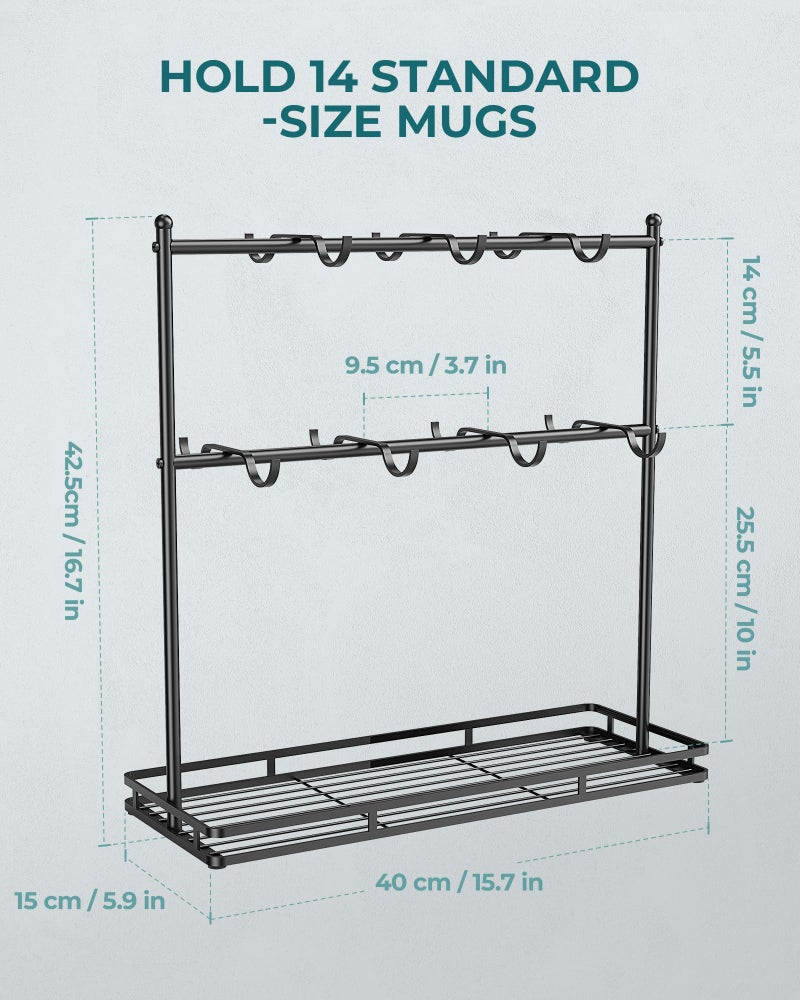 OROPY Coffee Mug Holder for Countertop, 14-Hook Mug Tree Rack for 14 Cups, 2 Tier Mug Display Stand with Heavy Duty Metal Base - Image 4