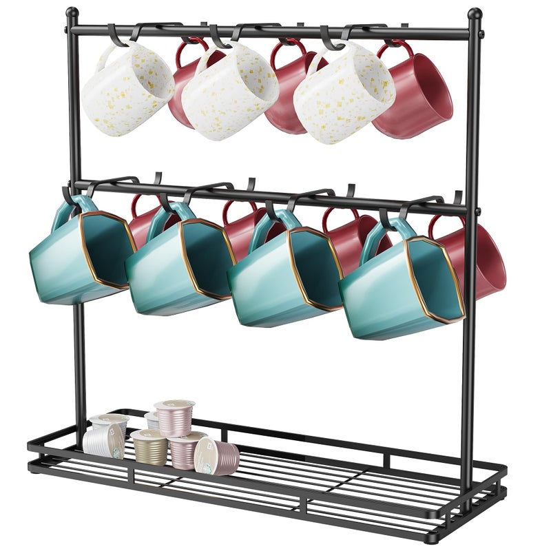 OROPY Coffee Mug Holder for Countertop, 14-Hook Mug Tree Rack for 14 Cups, 2 Tier Mug Display Stand with Heavy Duty Metal Base - Image 1