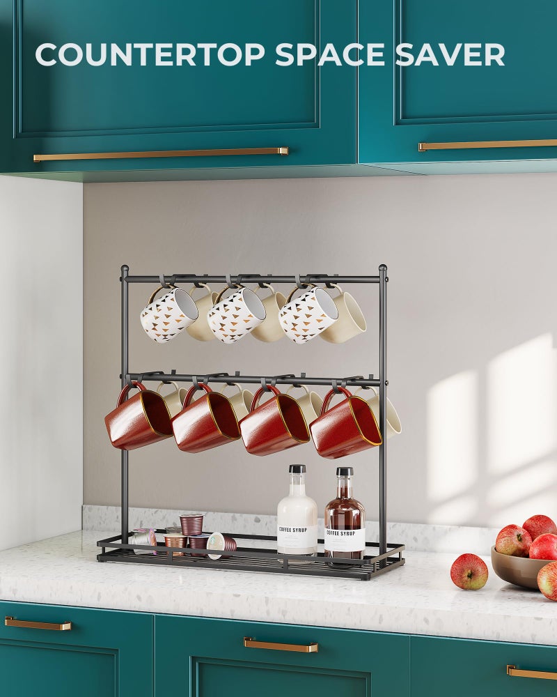 OROPY Coffee Mug Holder for Countertop, 14-Hook Mug Tree Rack for 14 Cups, 2 Tier Mug Display Stand with Heavy Duty Metal Base - Image 3