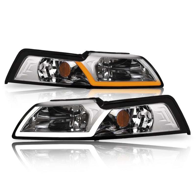 Alpha Owls 8719732 Crystal Headlights With Switchback Sequential LED Light Bar Startup Light Chrome Amber Fits 19992004 Ford Mustang