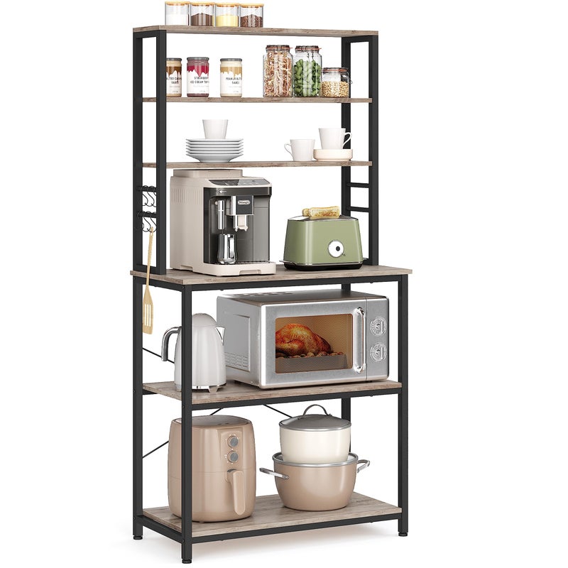 VASAGLE VASAGLE Coffee Bar 315 Inches Bakers Rack for Kitchen with Storage 6Tier Kitchen Shelves with 6 Hooks Microwave Stand Industrial Greige and Black UKKS019B02