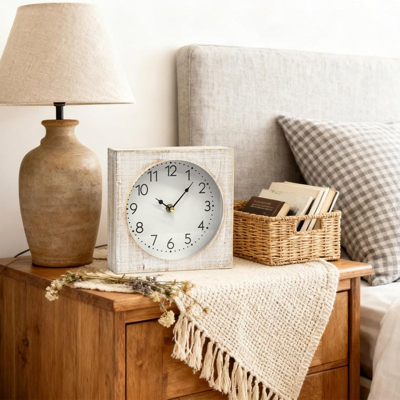 JUMBO DECOR Vintage Table Clock, Square Wooden Farmhouse Table Clock Silent Non-Ticking Battery Operated Desk and Shelf Clocks for Living Room, Kitchen, Bedroom Decor - Image 5