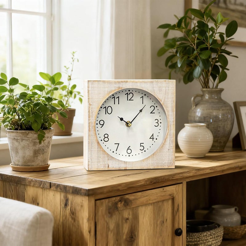 JUMBO DECOR Vintage Table Clock, Square Wooden Farmhouse Table Clock Silent Non-Ticking Battery Operated Desk and Shelf Clocks for Living Room, Kitchen, Bedroom Decor - Image 3