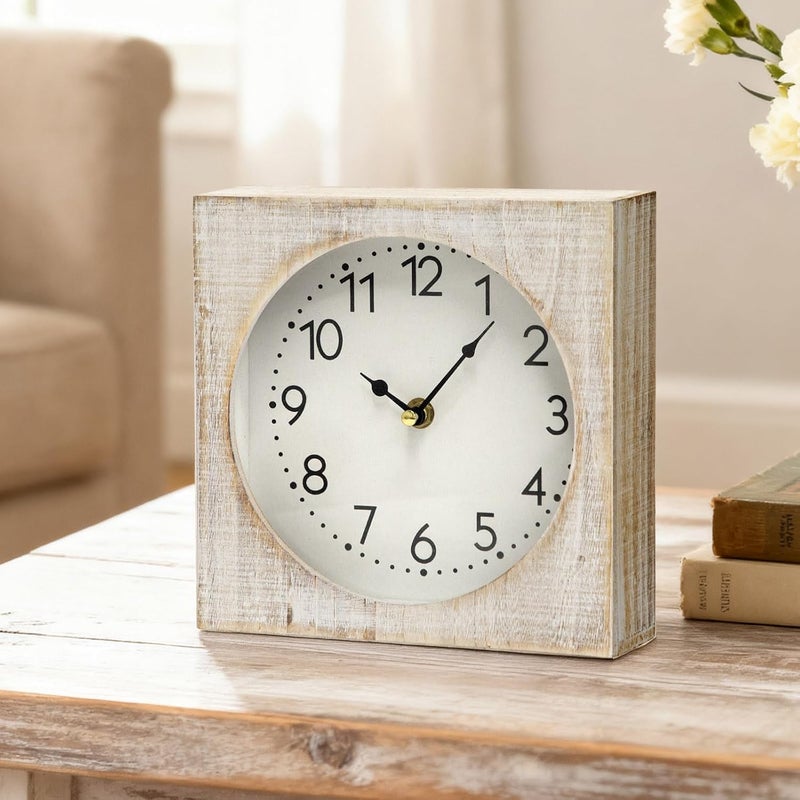 JUMBO DECOR Vintage Table Clock, Square Wooden Farmhouse Table Clock Silent Non-Ticking Battery Operated Desk and Shelf Clocks for Living Room, Kitchen, Bedroom Decor - Image 1