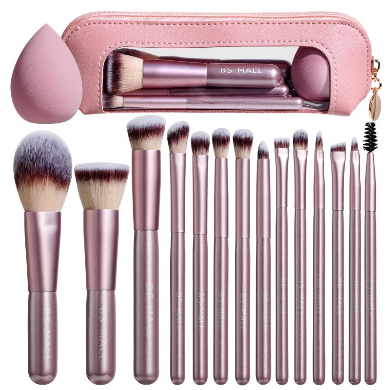 BS Mall BS-MALL 14 Pcs Makeup Brushes Set with 1 Pcs Makeup Sponge â€“ Essential Foundation Powder Concealers, Eye Shadows, Blush Makeup Brushes with Travel Makeup Case (Matte Gold Pink) - Image 1