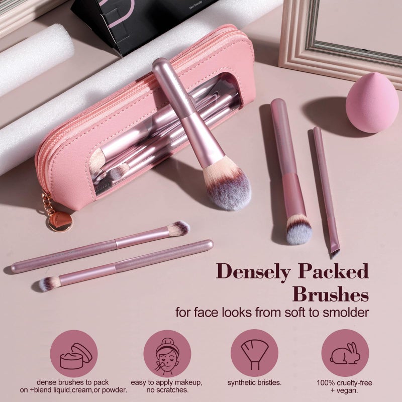 BS Mall BS-MALL 14 Pcs Makeup Brushes Set with 1 Pcs Makeup Sponge â€“ Essential Foundation Powder Concealers, Eye Shadows, Blush Makeup Brushes with Travel Makeup Case (Matte Gold Pink) - Image 4