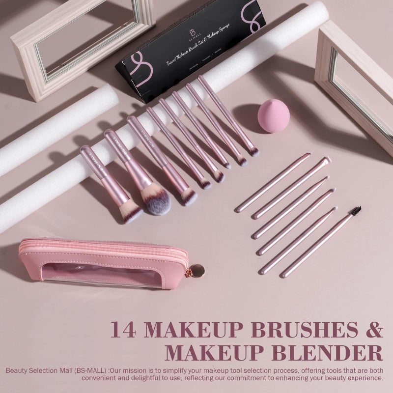 BS Mall BS-MALL 14 Pcs Makeup Brushes Set with 1 Pcs Makeup Sponge â€“ Essential Foundation Powder Concealers, Eye Shadows, Blush Makeup Brushes with Travel Makeup Case (Matte Gold Pink) - Image 2