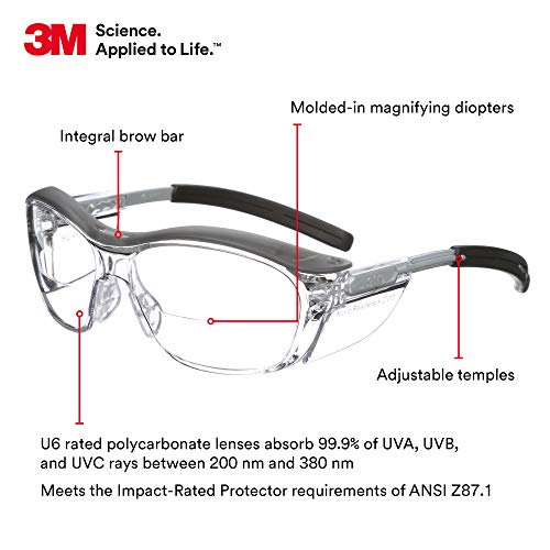 3M Safety Glasses with Readers, Nuvo Readers, +2.0 Diopter, Pack of 1, ANSI Z87, Clear Lens, Gray Frame, Soft Nose Bridge, Side Shields - Image 2