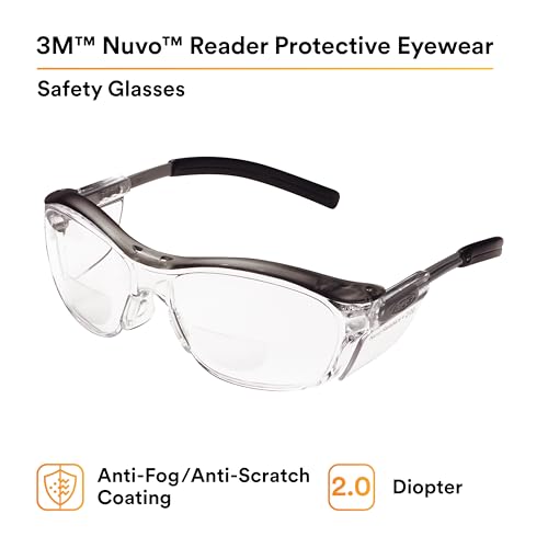 3M Safety Glasses with Readers, Nuvo Readers, +2.0 Diopter, Pack of 1, ANSI Z87, Clear Lens, Gray Frame, Soft Nose Bridge, Side Shields - Image 5