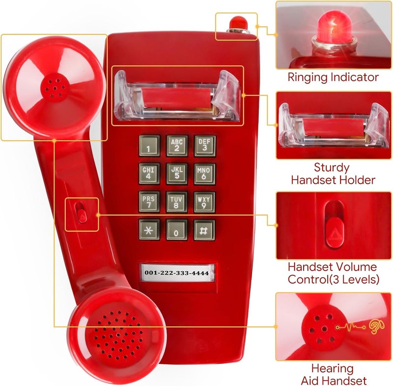 Sangyn Retro Wall Phones for Landline with Mechanical Ringer Corded Telephone Wall Mounted with Indicator Waterproof Old Style Landline Phones for Home Kitchen, Red - Image 5