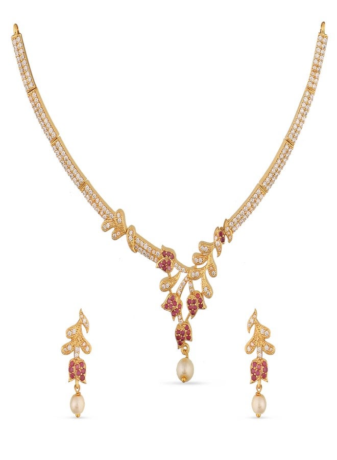 TARINIKA Yellow Gold Jivisha Nakshatra CZ Short Necklace with Floral Design - Jewelry Set for Women Perfect for Casual Occasions | Indian Jewelry Sets for Women | 1 Year Warranty*, Brass, Cubic - Image 1