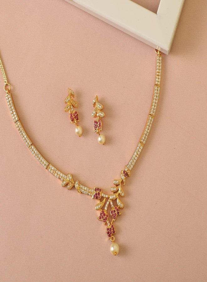 TARINIKA Yellow Gold Jivisha Nakshatra CZ Short Necklace with Floral Design - Jewelry Set for Women Perfect for Casual Occasions | Indian Jewelry Sets for Women | 1 Year Warranty*, Brass, Cubic - Image 3