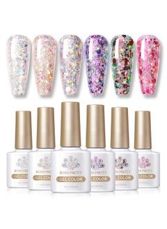 Born Pretty Glitter Sequins Gel Nail Polish Sparkly Shiny Pink Yellow Blue Green Gel Nail Polish Set Soak Off U V Nail Gel Nail Art Manicure Varnish Kit 10Ml 6Pcs  - Image 1