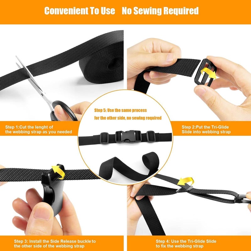 SHOPEE 10 Meter 1 Nylon Webbing Straps 8 Pcs Quick Side Release Buckles for 1inch Strap 16 Pcs TriGlide Slides Flat Plastic Buckle Clips 8 Pcs Metal D Rings for Backpack Replacement Black - Image 4