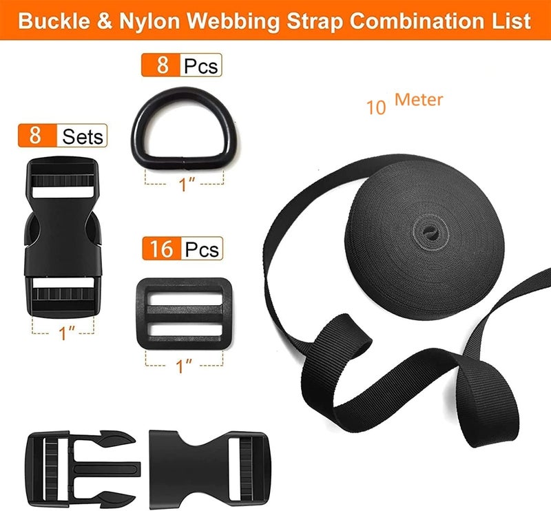 SHOPEE 10 Meter 1 Nylon Webbing Straps 8 Pcs Quick Side Release Buckles for 1inch Strap 16 Pcs TriGlide Slides Flat Plastic Buckle Clips 8 Pcs Metal D Rings for Backpack Replacement Black - Image 2