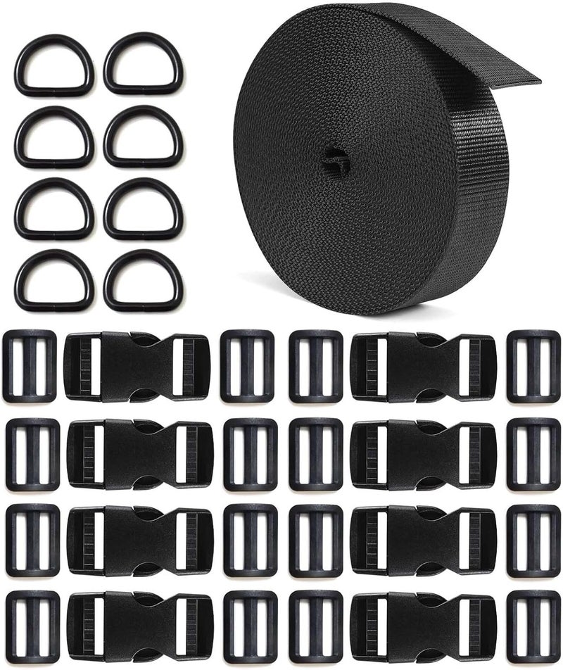 SHOPEE 10 Meter 1 Nylon Webbing Straps 8 Pcs Quick Side Release Buckles for 1inch Strap 16 Pcs TriGlide Slides Flat Plastic Buckle Clips 8 Pcs Metal D Rings for Backpack Replacement Black - Image 1