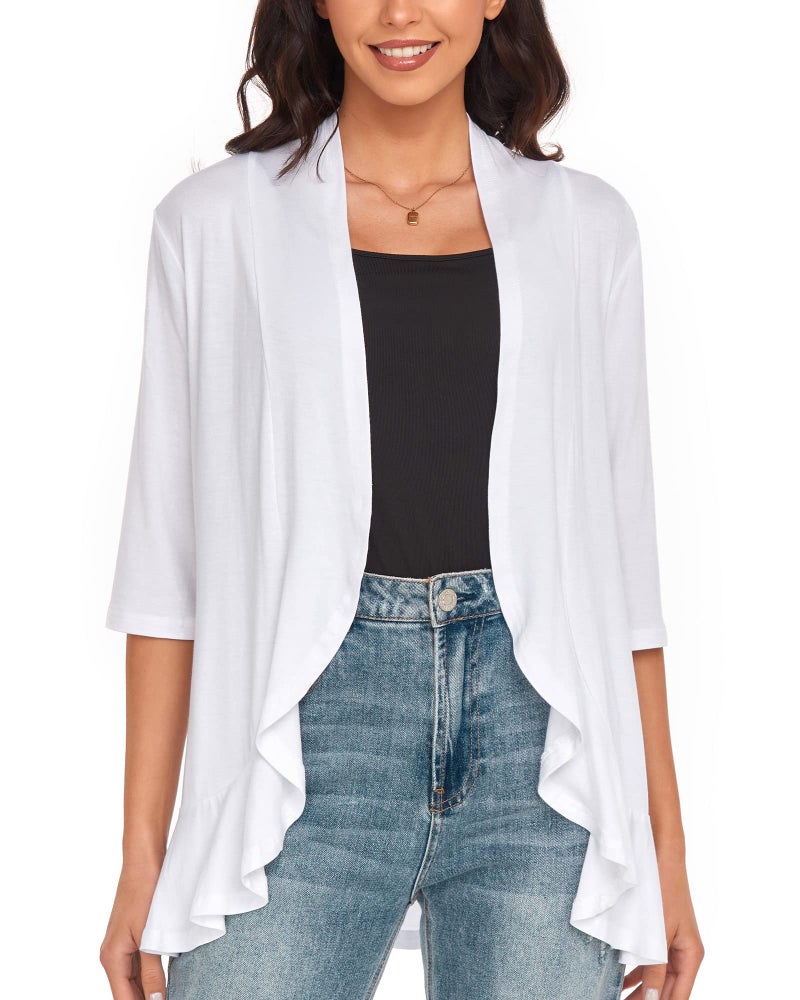 Argstar Women's Lightweight Cardigans, Casual Open Front Soft Draped Ruffles 3/4 Sleeve White Plus Size XX - Image 1