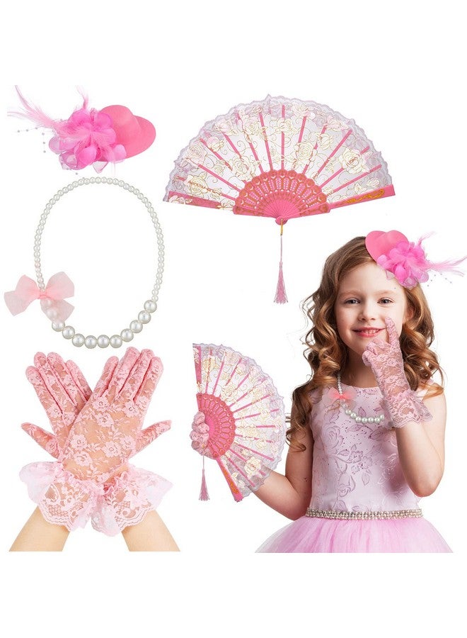 Sintege 4 Pieces Girls Tea Party Supplies Gloves Hats Girls Kids Necklace Fan For Girls Tea Party Decor (Pink) - Image 1