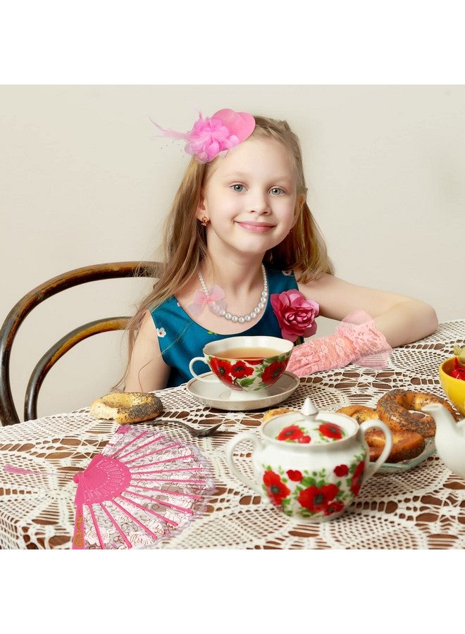 Sintege 4 Pieces Girls Tea Party Supplies Gloves Hats Girls Kids Necklace Fan For Girls Tea Party Decor (Pink) - Image 2