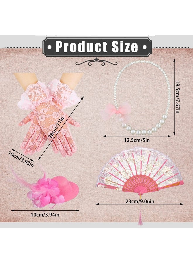 Sintege 4 Pieces Girls Tea Party Supplies Gloves Hats Girls Kids Necklace Fan For Girls Tea Party Decor (Pink) - Image 3