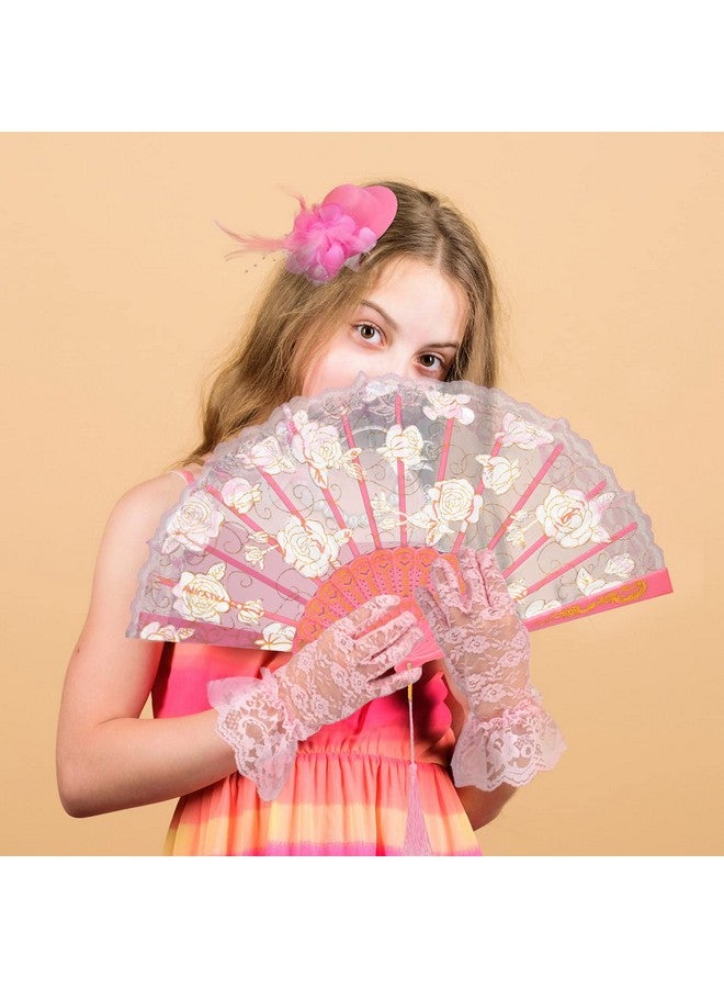 Sintege 4 Pieces Girls Tea Party Supplies Gloves Hats Girls Kids Necklace Fan For Girls Tea Party Decor (Pink) - Image 4