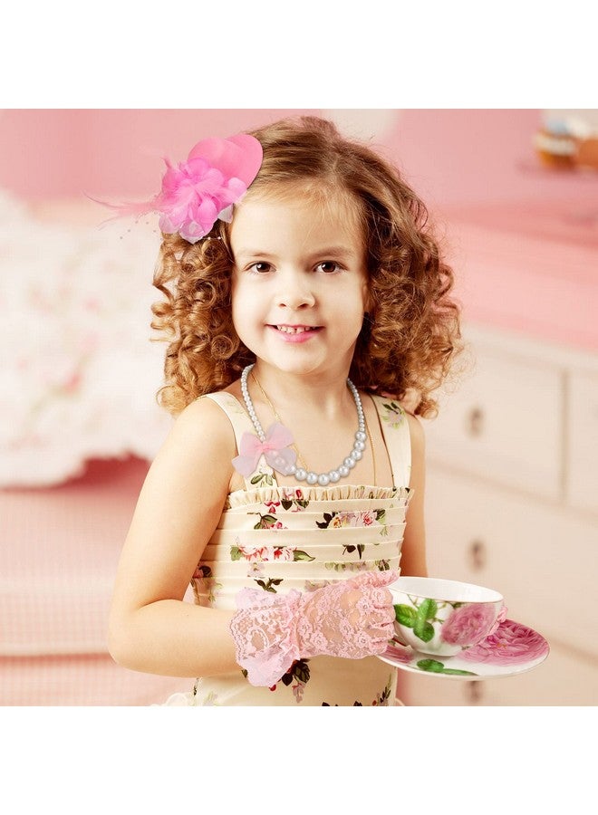 Sintege 4 Pieces Girls Tea Party Supplies Gloves Hats Girls Kids Necklace Fan For Girls Tea Party Decor (Pink) - Image 5