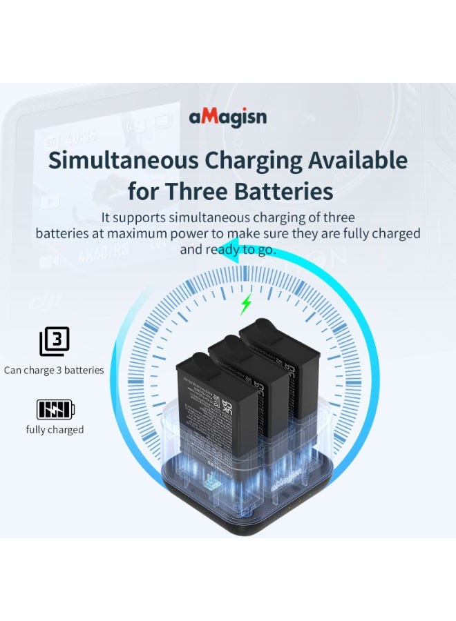 aMagisn Triple Slot DJI Osmo Action4 / 3 Battery Charger with MicroSD Storage – Fast Smart Charging, Independent Power Slots, Safety Protection, Compact Travel-Friendly Design - Image 3