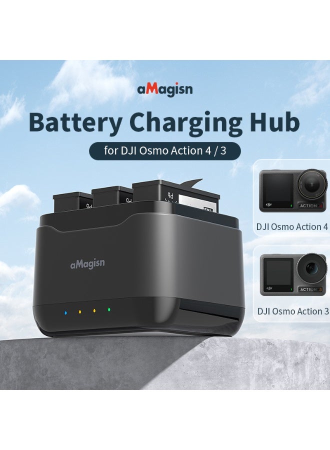 aMagisn Triple Slot DJI Osmo Action4 / 3 Battery Charger with MicroSD Storage – Fast Smart Charging, Independent Power Slots, Safety Protection, Compact Travel-Friendly Design - Image 2