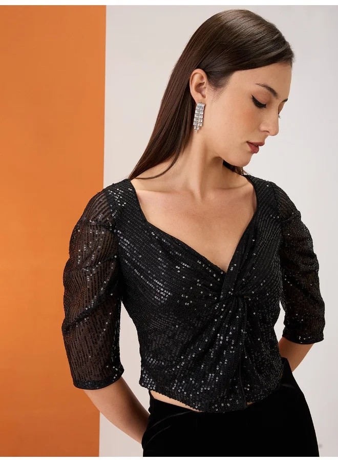 globus Women Black Sweetheart Neck Ruched Sleeves Twisted Detail Sequinned Party Crop Top